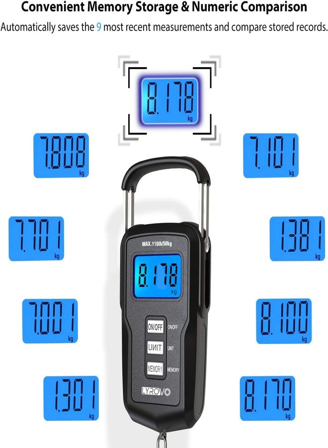Lyrovo ميزان أمتعة رقمي مطور من Lyrovo بسعة 110 رطل/50 كجم مع شاشة LCD بإضاءة خلفية وشريط قياس وبطاريتين AAA (LY15-LUGSCALE-BLACK) - Image 4